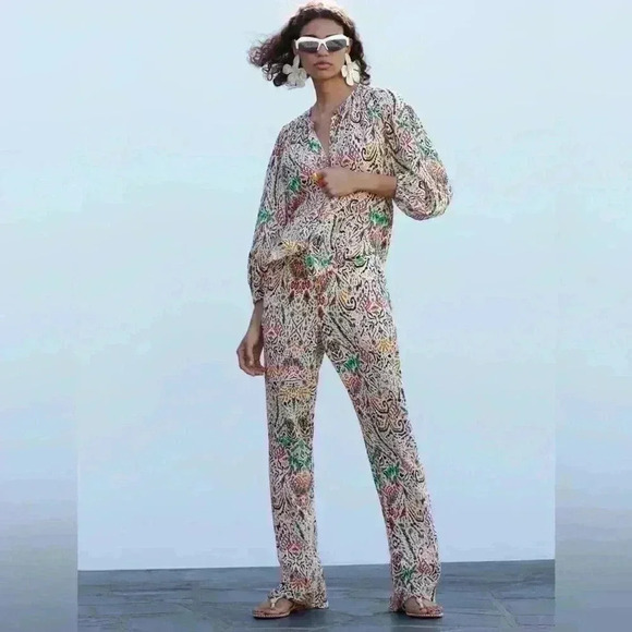 Zara Flared Print Pants Womens Size Small - Picture 2 of 13